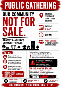 Opposition to Braddon Bowls Club Development – Public Gathering 9 May